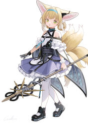 1girl absurdres animal_ears arknights bare_shoulders black_gloves black_shoes blonde_hair blue_dress blue_hairband braid braided_hair_rings commentary_request dress earpiece fox_ears fox_girl fox_tail frilled_dress frills full_body gloves green_eyes hair_rings hairband highres holding holding_staff infection_monitor_(arknights) kitsune kyuubi looking_at_viewer material_growth multiple_tails open_mouth oripathy_lesion_(arknights) pantyhose partial_commentary revision shoes short_hair simple_background single_glove solo staff standing suzuran_(arknights) tachi-e tail twin_braids welt_(kinsei_koutenkyoku) white_background white_pantyhose