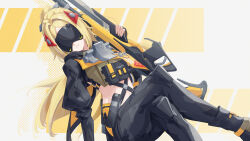 1girl absurdres black_blindfold black_pants black_shrug blindfold blonde_hair camouflage camouflage_jacket camouflage_pants crossed_legs eye_mask gun hair_ornament highres holding holding_gun holding_weapon jacket latex_pants long_hair pants parted_lips rifle shrug_(clothing) sido_262 sniper_rifle tight_clothes tight_pants triangle_hair_ornament trigger_(zenless_zone_zero) weapon zenless_zone_zero