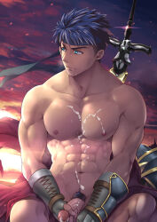Rule 34 | 1boy, abs, after masturbation, bad id, bad tumblr id, bara, blue eyes, blue hair, cum, cum on body, cum on male, cum on pectorals, fire emblem, fire emblem: radiant dawn, headband, highres, ike (fire emblem), looking to the side, male focus, male pubic hair, mazjojo, navel, nintendo, nipples, pectorals, penis, pubic hair, ragnell, short hair, solo, sword, toned, toned male, uncensored, weapon