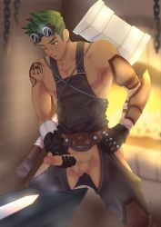 1boy aiden_flynn camp_buddy cum erection fire gloves goggles green_hair hand_on_penis highres male_focus masturbation mikkoukun muscular open_mouth penis penis_grab precum solo steam sweat sword tattoo testicles weapon