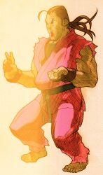 Rule 34 | 1boy, angry, barefoot, bengus, black undershirt, brown eyes, brown hair, capcom, clenched hands, dougi, facing to the side, fighting stance, fingerless gloves, game cg, gloves, hand on own hip, hibiki dan, highres, long hair, male focus, martial arts belt, marvel, marvel vs. capcom, marvel vs. capcom 2, muscular, muscular male, non-web source, official art, open mouth, ponytail, scan, sidelighting, simple background, solo, street fighter