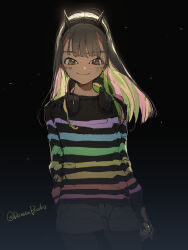 1girl animal_ear_headphones animal_ears aqua_stripes beyblade beyblade_x black_hair blue_stripes cat_ear_headphones demizu_posuka facial_mark facial_tattoo fake_animal_ears green_stripes grey_hairband hairband headphones horn_hairband multicolored_hair nanairo_multi pink_stripes purple_stripes red_stripes solo tattoo yellow_stripes