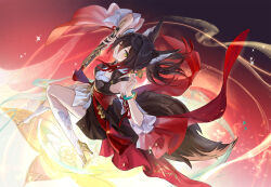 1girl achyue animal_ear_fluff animal_ears black_dress black_hair bracelet breasts brown_hair dress folding_fan fox_ears fox_girl fox_tail green_eyes hand_fan high_heels highres holding holding_sword holding_weapon honkai:_star_rail honkai_(series) jade_bracelet jewelry long_hair looking_at_viewer one_eye_closed ponytail solo sword tail tingyun_(harmony)_(honkai:_star_rail) tingyun_(honkai:_star_rail) weapon yellow_eyes