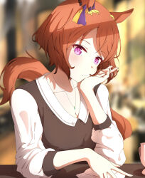 Rule 34 | 1girl, absurdres, alternate costume, animal ears, black vest, blurry, blurry background, breasts, brown hair, cleavage, commentary, flower in eye, highres, horse ears, horse girl, horse tail, jagili noe, jewelry, long sleeves, looking at viewer, medium breasts, necklace, purple eyes, sakura laurel (umamusume), shirt, short hair, solo, swept bangs, symbol in eye, tail, umamusume, upper body, vest, white shirt