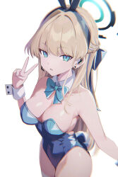 1girl absurdres animal_ears bare_shoulders blonde_hair blue_archive blue_eyes blue_leotard bow bowtie breasts cleavage detached_collar ear_piercing earrings fake_animal_ears highres jewelry leotard long_hair looking_at_viewer maohao_club piercing playboy_bunny rabbit_ears rabbit_tail solo strapless strapless_leotard tail toki_(blue_archive) toki_(bunny)_(blue_archive) v wrist_cuffs