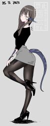 1girl au_ra backward-facing_horns black_pantyhose black_shirt black_shoes blunt_bangs brown_hair closed_mouth dated final_fantasy final_fantasy_xiv grey_skirt high_heels highres horns lakugali_shiki long_hair looking_at_viewer miniskirt monster_girl pantyhose pencil_skirt scales shirt shoes skirt solo standing standing_on_one_leg warrior_of_light_(ff14) watch wristwatch
