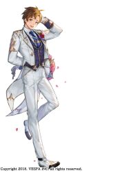 Rule 34 | 1boy, black socks, blue necktie, bouquet, boutonniere, brown eyes, brown hair, commentary, dress shirt, flower, formal clothes, full body, gloves, gold trim, groom, hand on own head, highres, holding, holding behind back, holding bouquet, hwansang jungdog, jacket, kasel (king&#039;s raid), king&#039;s raid, leg up, necktie, official alternate costume, official art, open mouth, pants, petals, pink flower, purple vest, red flower, shirt, shoes, short hair, simple background, smile, socks, solo, suit, suit jacket, tailcoat, vest, walking, wedding suit, white jacket, white pants, white shirt, white shoes, white suit