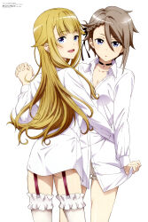 2girls absurdres ange_(princess_principal) ass black_choker blonde_hair blue_eyes braid breasts brown_hair choker cleavage collarbone collared_shirt garter_straps hair_flaps highres holding_hands long_hair long_sleeves looking_at_viewer looking_back magazine_scan megami_magazine multiple_girls official_art open_mouth princess_(princess_principal) princess_principal scan shirt short_hair simple_background small_breasts smile thighhighs thighs white_background white_shirt white_thighhighs yuri