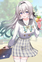 Rule 34 | 1girl, absurdres, aqua hair, bag, blurry, blurry background, blush, brown bag, buttons, commentary request, day, double-breasted, firefly (honkai: star rail), firefly (spring missive) (honkai: star rail), food, grey hair, grey sailor collar, hair between eyes, highres, holding, holding bag, holding food, holding ice cream, holding ice cream cone, honkai: star rail, honkai (series), ice cream, ice cream cone, long hair, long sleeves, looking at viewer, official alternate costume, oguraponti, open mouth, outdoors, plaid clothes, plaid skirt, pleated skirt, purple eyes, sailor collar, school uniform, serafuku, shirt, skirt, solo, thighhighs, very long hair, white shirt, white thighhighs, zettai ryouiki