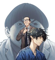 Rule 34 | 3boys, adjusting clothes, adjusting necktie, balding, black-framed eyewear, black hair, black necktie, bowl cut, brown jacket, closed mouth, collared shirt, commentary request, cover image, diagonal-striped clothes, diagonal-striped necktie, glasses, highres, igarashi iori, jacket, long sleeves, male focus, mature male, medical scrubs, mori taishi, multiple boys, necktie, over-rim eyewear, radiation house, semi-rimless eyewear, shirt, short hair, striped clothes, suit jacket, white background, white shirt