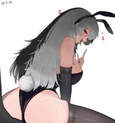 1girl absurdres animal_ears back backboob bare_shoulders black_hair black_nails breasts codename_rose elbow_gloves fingerless_gloves gear_(user_crga2573) gloves heart highres kneeling leotard long_hair messy_hair multicolored_hair open_mouth pantyhose playboy_bunny rabbit_ears rabbit_tail red_eyes saliva saliva_trail seductive_smile simple_background skindentation smile split-color_hair stray_hair tail taut_clothes teeth thighhighs thighs tongue tongue_out two-tone_hair upper_teeth_only virtual_youtuber waktaverse white_background white_hair wide_hips