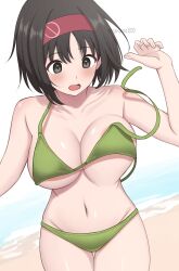 Rule 34 | 1girl, areola slip, beach, bikini, black eyes, black hair, bouncing breasts, breasts, commentary request, erika (pokemon), green bikini, hairband, highres, large breasts, navel, nintendo, ocean, open mouth, pokemon, pokemon frlg, red hairband, short hair, solo, surippa1010, swimsuit