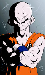 1boy anger_vein angry bald bald_male black_eyes crossed_arms dragon_ball kuririn looking_at_viewer muscular muscular_male serious solo
