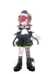 1girl absurdres arknights artist_name bandage_on_knee bandaid bandaid_on_face bare_shoulders black_bonnet black_boots black_choker black_dress bonnet boots braid brown_eyes choker closed_eyes commentary_request detached_sleeves dress earrings gauze_on_knee green_hair highres holding jewelry long_hair looking_at_viewer material_growth multicolored_hair open_mouth oripathy_lesion_(arknights) pointy_ears puppet_dancer_(arknights) red_hair simple_background sleeves_past_fingers sleeves_past_wrists solo streaked_hair tecno_(arknights) white_background zzz_z
