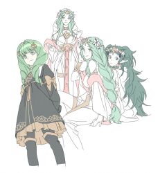 4girls black_dress blush braid breasts closed_mouth commentary_request dress drill_hair dual_persona fe3hyeon female_focus fire_emblem fire_emblem:_three_houses fire_emblem_heroes flayn_(fire_emblem) garreg_mach_monastery_uniform green_eyes green_hair highres korean_commentary large_breasts long_hair low-tied_long_hair matching_hair/eyes multiple_girls nintendo official_alternate_costume pointy_ears rhea_(aura_of_love)_(fire_emblem) rhea_(fire_emblem) simple_background sitting smile sothis_(aura_of_love)_(fire_emblem) sothis_(fire_emblem) twin_drills twintails white_background
