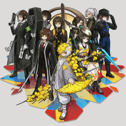 Rule 34 | 6+girls, apron, armband, beret, black coat, black gloves, black necktie, black pants, black vest, blade lineage (identity) (project moon), coat, collared shirt, dieci association south uniform, dongbaek (project moon), e.g.o (project moon), eyepatch, flaw eight, flower, folding fan, gloves, green armband, grey coat, hanbok, hand fan, hat, highres, holding, holding fan, korean clothes, limbus company, lobotomy corporation (identity) (project moon), looking at viewer, multiple girls, multiple persona, necktie, pants, pequod (identity) (project moon), ponytail, project moon, red necktie, ring (identity) (project moon), seven association south uniform, shirt, short hair, solemn lament (e.g.o), spicebush (e.g.o), vest, w corp. (identity) (project moon), white apron, white hair, white hanbok, white hat, white pants, white shirt, yellow eyes, yellow flower