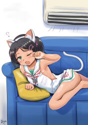 1girl air_conditioner akashieru animal_ears ass black_hair blush cat_tail couch dress fake_animal_ears fake_tail green_eyes hair_ornament hairclip highres indoors kantai_collection lying mole mole_under_eye neckerchief open_mouth sailor_collar sailor_dress scirocco_(kancolle) short_hair sleeveless sleeveless_dress solo tail two_side_up white_dress white_sailor_collar yawning