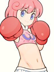 1girl beeru_(veil8801) blue_eyes boxing_gloves breasts crop_top cropped_shirt groin highres navel pastel_(twinbee) pink_hair pink_shirt shirt short_hair simple_background sleeveless sleeveless_shirt small_breasts solo twinbee white_background