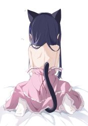 1girl animal_ears back back_focus bare_back bare_shoulders bed_sheet black_hair blush_stickers cat_ears cat_tail clothes_pull commentary dress dress_pull extra_ears feet from_behind gokou_ruri highres kkurovo long_hair ore_no_imouto_ga_konna_ni_kawaii_wake_ga_nai pink_dress shoulder_blades simple_background sitting socks solo tail wariza white_background white_socks