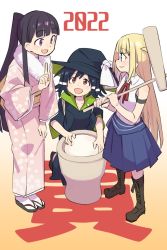3girls aki_poi bare_shoulders black_hair black_headwear blonde_hair blue_eyes blue_skirt blunt_bangs boots brown_eyes brown_footwear brown_hair character_request closed_mouth collared_shirt commentary_request copyright_request floral_print food full_body fur-trimmed_kimono fur_trim gradient_background hat japanese_clothes kimono kine kneeling long_hair long_sleeves looking_at_another looking_up mallet mochi mochitsuki mortar_(bowl) multiple_girls neck_ribbon open_mouth pink_kimono red_ribbon ribbon sandals sash shirt skirt sleeveless sleeveless_shirt smile standing tabi white_background white_shirt wide_sleeves witch_hat yukata zouri