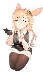 Rule 34 | 1girl, animal ears, arknights, black gloves, black shorts, black thighhighs, black vest, blonde hair, blush, braid, closed eyes, commentary, cum, cum on body, cum on gloves, cum on hair, cum on hands, cum on legs, facial, female focus, full body, gloves, highres, kroos (arknights), kroos the keen glint (arknights), long hair, long sleeves, ricegnat, seiza, shirt, short shorts, shorts, side braid, simple background, single glove, sitting, sleeves rolled up, solo, thighhighs, thighs, vest, white background, white shirt, wing collar