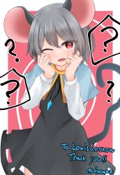 Rule 34 | 1girl, ?, @ @, absurdres, animal ears, black dress, blue capelet, blush, border, capelet, commentary, commentary request, commission, confused, cowboy shot, dakuazu, dress, english commentary, eyes visible through hair, grey hair, grey tail, hands on own cheeks, hands on own face, hands up, highres, hypnosis, jewelry, long sleeves, looking at viewer, mind control, mixed-language commentary, mouse ears, mouse girl, mouse tail, nazrin, one eye closed, open mouth, outside border, pendant, pink background, red eyes, second-party source, shirt, short hair, skeb commission, solo, split mouth, standing, sweatdrop, tail, tail raised, thank you, touhou, white border, white shirt