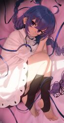 1girl absurdres ahoge barefoot black_socks blue_eyes blue_hair blue_ribbon braid closed_mouth commentary_request crossed_bangs dress feet hair_between_eyes highres long_hair looking_at_viewer low_twin_braids lying mushoku_tensei on_side ribbon roxy_migurdia smile socks soles solo songchuan_li stirrup_legwear toeless_legwear toeless_socks toes twin_braids white_dress