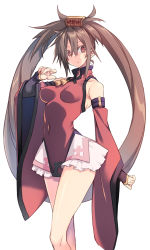 10mo 1girl blush brown_eyes brown_hair china_dress chinese_clothes covered_erect_nipples covered_navel detached_sleeves dress frilled_skirt frills guilty_gear guilty_gear_x guilty_gear_xx hair_between_eyes highres kuradoberi_jam long_hair looking_at_viewer simple_background skirt solo thighs white_background wide_sleeves