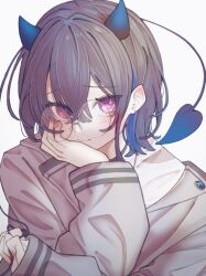 1girl blazer blue_hair blush closed_mouth demon_girl demon_horns demon_tail earrings frown glasses grey_hair grey_jacket highres hoop_earrings horns ichinose_uruha ichinose_uruha_(6th_costume) jacket jewelry long_sleeves looking_at_viewer multicolored_hair ojichaman_94 purple_eyes round_eyewear shirt short_hair shy simple_background sleeves_past_wrists solo streaked_hair tail two-tone_hair upper_body virtual_youtuber vspo! white_background white_shirt