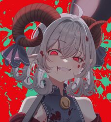 1girl absurdres bare_shoulders blood blood_in_hair blood_on_clothes blood_on_face blue_dress blue_ribbon commentary_request detached_sleeves dress earrings grey_hair grin hair_between_eyes highres horizontal_pupils horn_ornament horn_ribbon horns jewelry looking_at_viewer maka_(user_rryf2748) meandros pointy_ears red_background red_eyes red_horns red_sleeves ribbon sharp_teeth sheep_horns short_hair smile solo splashing spork teeth touhou toutetsu_yuuma upper_body yakumo_ran
