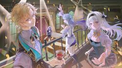 2boys 2girls absurdres aventurine_(honkai:_star_rail) black_boots black_hairband black_pants black_vest blonde_hair blue_hair blue_skin boots bottle brother_and_sister colored_skin commentary cup dress english_commentary firefly_(honkai:_star_rail) formal_clothes green_dress grey_hair hairband halo highres holding holding_cup honkai:_star_rail honkai_(series) iiumiarts indoors long_hair looking_at_viewer multicolored_eyes multiple_boys multiple_girls pants reaching reaching_towards_viewer robin_(honkai:_star_rail) short_hair siblings suit sunday_(honkai:_star_rail) two-tone_eyes vest wine_bottle
