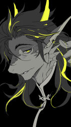 1boy arknights black_shirt blonde_hair chinese_commentary commentary_request ear_piercing fins frown furry furry_male gloves half-closed_eyes hand_up head_fins high_collar highres kaifei_(kaifei_29) lee_(arknights) long_hair looking_to_the_side piercing shirt spot_color yellow_eyes