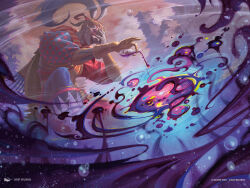1boy 2025 air_bubble arif_wijaya artist_name blonde_hair bubble cape cefca_palazzo clown commentary copyright_name english_commentary final_fantasy final_fantasy_vi fingerless_gloves gloves hair_ornament hand_on_own_face holding holding_vial magic:_the_gathering makeup official_art ponytail pouring second-party_source short_hair single_fingerless_glove smile solo underwater vial yellow_gloves