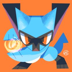 1other 2020 animal_ears animal_hands barefoot blue_fur commentary fighting_stance gen_4_pokemon highres karasusho looking_at_viewer nintendo no_humans orange_background orange_eyes pokemon riolu scowl signature simple_background solo symmetrical_hand_pose tail translation_request