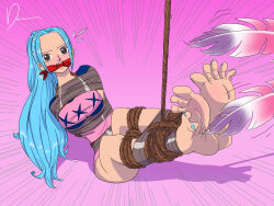 1girl absurdres arms_behind_back barefoot bdsm blue_hair blush bondage bound breasts brown_eyes cleave_gag cloth_gag deaart feathers full_body gag gagged highres improvised_gag medium_breasts nail_polish nefertari_vivi one_piece pink_background rope source_request tape tape_bondage tickling toenail_polish toenails variant_set