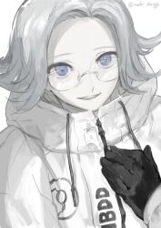 1boy aotsuki_eito black_gloves glasses gloves highres looking_at_viewer male_focus open_mouth parted_hair portrait simple_background solo solo_focus teeth the_hundred_line_-last_defense_academy- upper_body upper_teeth_only white_background white_hair zipper zipper_pull_tab