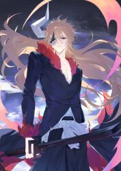 Rule 34 | 1boy, absurdres, bankai, black kimono, bleach, brown eyes, hair between eyes, highres, holding, holding sword, holding weapon, hollow (bleach), hollow ichigo, hollow mask, hollowfication, horns, japanese clothes, kimono, kurosaki ichigo, long hair, long sleeves, looking at viewer, male focus, orange hair, seizou hidzuke, shihakusho, shinigami, solo, spiked hair, sword, tensa zangetsu (bankai), weapon, zanpakutou