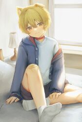 1boy :3 absurdres animal_collar animal_ears artist_name bandaid bandaid_on_knee bandaid_on_leg black_shorts blonde_hair blue_hoodie collar commentary_request desk_lamp dog_boy dog_ears fang fingernails floppy_ears full_body hair_between_eyes head_tilt highres hood hoodie indoors jacket lamp light_blush long_sleeves male_focus no_shoes off_shoulder on_bed open_clothes open_jacket original red_jacket shirt shorts signature sitting smug socks thick_eyebrows two-sided_fabric v-neck v-shaped_eyebrows white_shirt white_socks window windowsill yellow_eyes yuxi