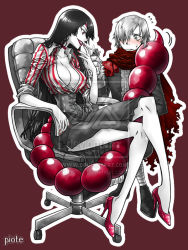 00s 1boy 1girl adiane blush breasts chair cigarette cleavage corset eyepatch high_heels large_breasts long_hair monochrome no_bra piote red_background red_theme scorpion_tail shirt shoes skirt spot_color tail tengen_toppa_gurren_lagann tengen_toppa_gurren_lagann:_parallel_works very_long_hair viral_(ttgl) watermark