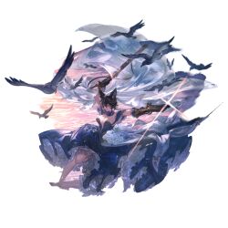 1girl animal bare_shoulders bird black_dress black_hair braid breasts cleavage dress dual_wielding erune granblue_fantasy gun handgun holding ilsa_(formal)_(granblue_fantasy) ilsa_(granblue_fantasy) large_breasts looking_at_viewer minaba_hideo official_art red_eyes rifle short_hair solo veil weapon wedding