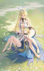 2girls bare_shoulders barefoot between_breasts black_dress blonde_hair blue_eyes breasts bug butterfly cartethyia_(wuthering_waves) center_opening cha_hou cleavage clothing_cutout commentary crown_of_thorns dress dual_persona feet fleurdelys_(wuthering_waves) flower full_body gold_trim hair_spread_out hand_in_another&#039;s_hair hands_up highres horns insect large_breasts legs long_hair long_horns looking_ahead lying lying_on_lap multiple_girls on_grass on_ground on_side one_eye_closed open_mouth parted_bangs pointy_ears single_horn small_breasts smile tabard tacet_mark_(wuthering_waves) thighs thorns toes very_long_hair white_tabard wuthering_waves