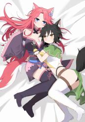 Rule 34 | 2girls, absurdres, animal ears, black hair, blue eyes, boots, commission, commissioner upload, fox archer (sakura dungeon), fox ears, fox girl, fox tail, grabbing another&#039;s breast, groping, hand on another&#039;s arm, highres, hsk10107, japanese clothes, kimono, multiple girls, non-web source, on bed, pink hair, sakura dungeon, smile, sweatdrop, tail, thigh boots, yellow eyes, yomi (sakura dungeon), yuri