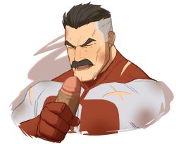Rule 34 | 1boy, bara, black hair, closed eyes, commentary request, erection, facial hair, fade (haircut), grey hair, handjob, highres, imminent fellatio, invincible (series), male focus, mustache, omni-man, open mouth, penis, ryker, superhero costume, swept bangs, torn clothes, white background, yaoi