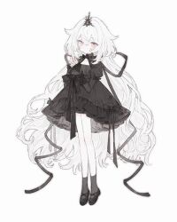 1girl black_dress black_ribbon black_socks collarbone crossed_bangs curly_hair dress frilled_dress frilled_sleeves frills full_body hair_between_eyes highres huge_bow juliet_sleeves koirariko long_hair long_sleeves original own_hands_together pink_eyes pointed_crown puffy_sleeves ribbon simple_background skirt socks solo standing very_long_hair white_background white_hair window_shadow