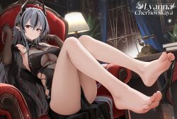 1girl bare_shoulders barefoot black_hair breasts dress elbow_gloves feet gloves grey_hair hair_ornament high_heels highres indie_virtual_youtuber indoors lamp long_hair looking_at_viewer medium_breasts mole mole_on_breast multicolored_hair on_chair phone plant re0n sitting smile soles solo streaked_hair symbol-shaped_pupils thighs toenails toes two-tone_hair very_long_hair virtual_youtuber window x-shaped_pupils