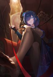 Rule 34 | 1girl, absurdres, backlighting, bare shoulders, black survival, blue dress, blue eyes, blue flower, blue hair, blue lips, blue nails, breasts, bridal gauntlets, brown pantyhose, ceiling light, chair, colored inner hair, commentary, crossed legs, dress, dress flower, english commentary, eternal return: black survival, feet, flower, from below, gold trim, halter dress, halterneck, hand up, head tilt, highres, holding, holding ribbon, large breasts, lenore (black survival), lens flare, looking at viewer, multicolored hair, nail polish, on chair, pantyhose, parted lips, purple hair, red ribbon, ribbon, schoppi 0731, sidelocks, sitting, smile, soles, solo, toes, white dress