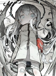 1girl absurdres angel angel_wings armband arms_at_sides bandaged_leg bandages bandaid bandaid_on_face bandaid_on_leg broken_halo closed_mouth coat dark_halo feet_out_of_frame floating_hair from_below gauze_on_knee halo highres long_hair looking_at_viewer original red_armband smile solo soresaki standing white_coat white_hair wings