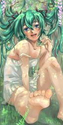 Rule 34 | 1girl, ahoge, aqua hair, bad anatomy, barefoot, blue eyes, blush, dress, feet, female focus, flower, foot focus, foreshortening, hatsune miku, highres, legs, long hair, nature, nemeko, outdoors, sitting, smile, soles, solo, strap slip, toes, twintails, vocaloid, white dress