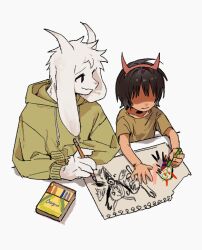 1boy 1other animal_ears asriel_dreemurr black_hair child&#039;s_drawing commentary crayon deltarune drawing_(action) drawing_(object) eg0hen english_commentary fake_horns fangs furry furry_male goat_boy goat_ears goat_horns green_hoodie green_shirt highres holding holding_crayon holding_pencil hood hoodie horns kris_(deltarune) long_sleeves paper pencil shaded_face shirt short_hair short_sleeves sitting skin_fangs smile white_background white_fur