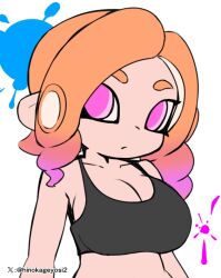 Rule 34 | 1girl, black sports bra, breasts, cleavage, collarbone, drill hair, gradient hair, large breasts, long hair, looking at viewer, miyazero, multicolored hair, nintendo, octoling, octoling girl, octoling player character, octopus girl, orange hair, paint, paint splatter, pink eyes, pink hair, pointy ears, splatoon (series), sports bra, standing, suction cups, tentacle hair, two-tone hair, upper body, white background